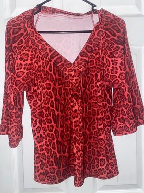 Red Leopard Print V-Neck Women’s Top